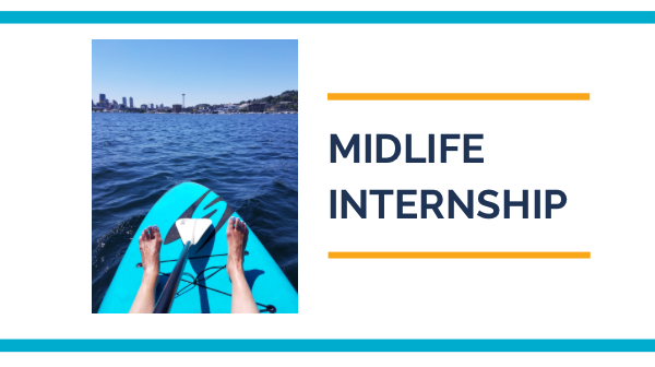 Paddle board photo on Lake Union in Seattle with caption in text midlife internship