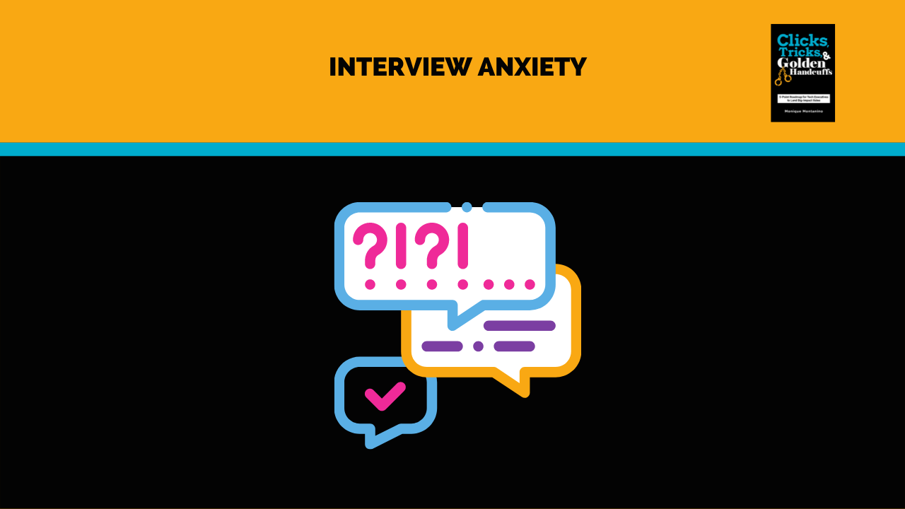 Caption "interview anxiety" with graphics showing thoughts bubbles with punctuation