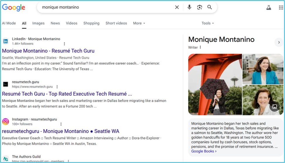 Results of Google search for Monique Montanino